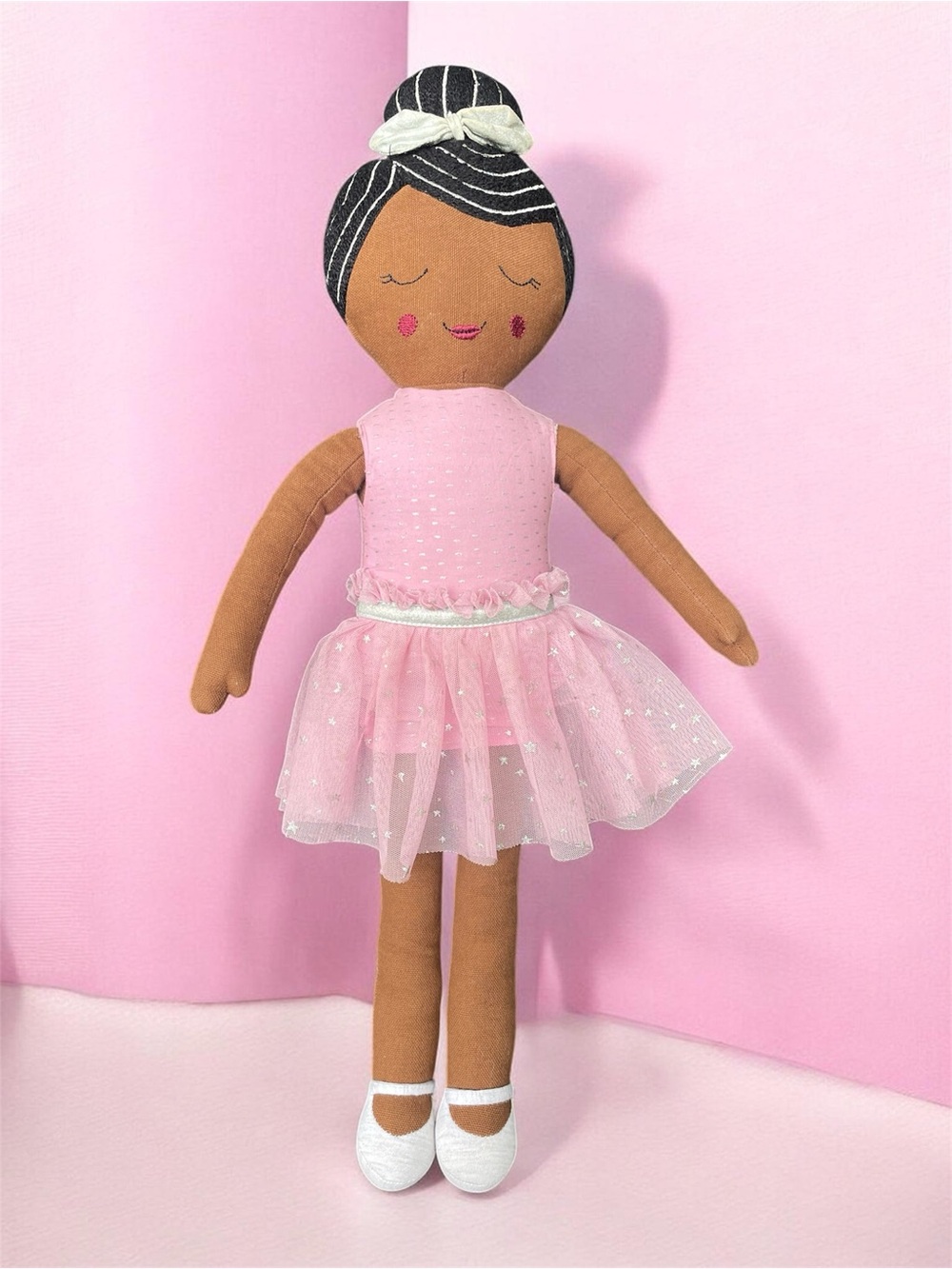 Pillowfort Target Cloth Doll 21” Black Hair Pink Ballerina Dress